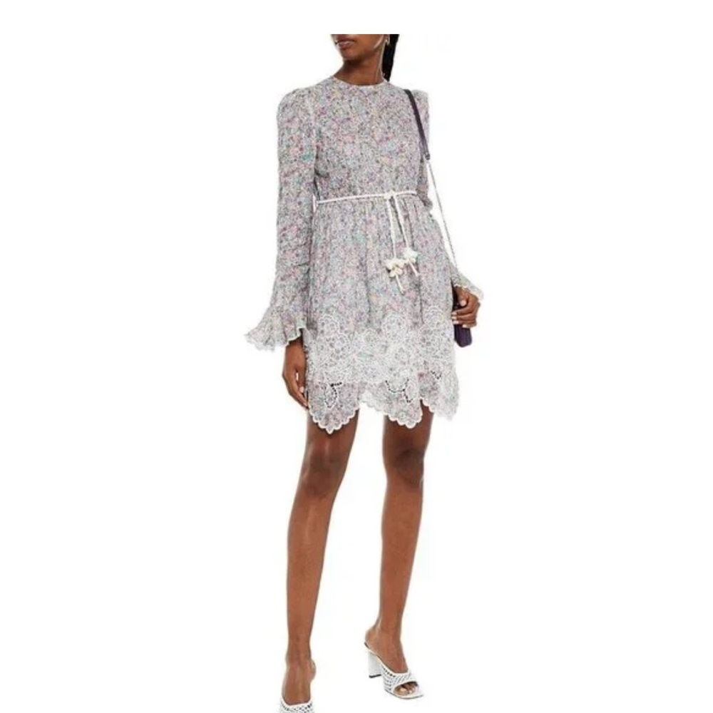 Zimmermann Floral Lace Long Sleeve Mini Dress in White and Pastel Multi